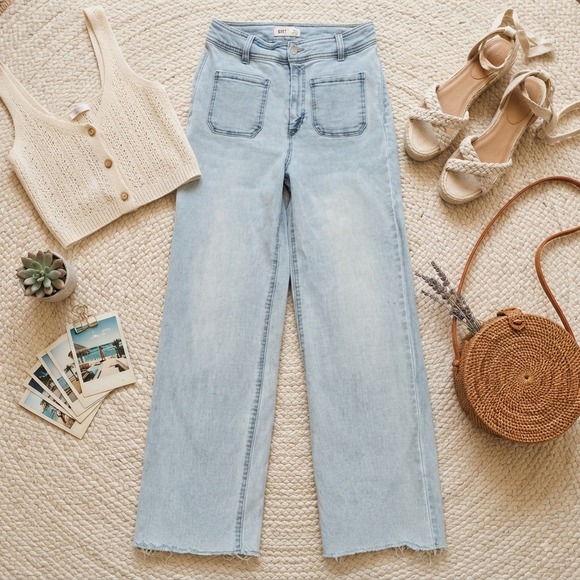 Oat New York Denim - OAT New York High Rise Wide Leg Jeans Light Wash Raw Hem Patch Pockets Size 6/28